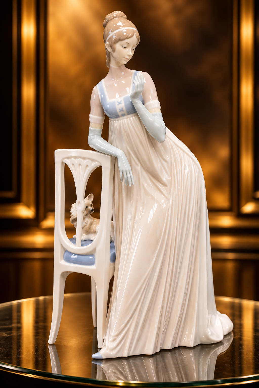 MINT! Large 18” Lladro Lady Empire Porcelain Figurine with tall chair and dog.