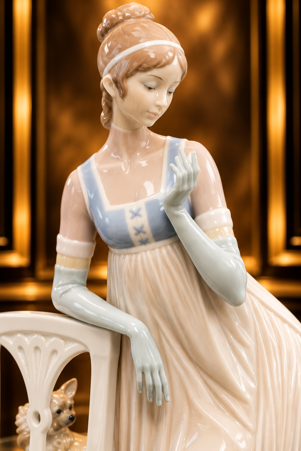 MINT! Large 18” Lladro Lady Empire Porcelain Figurine with tall chair and dog.