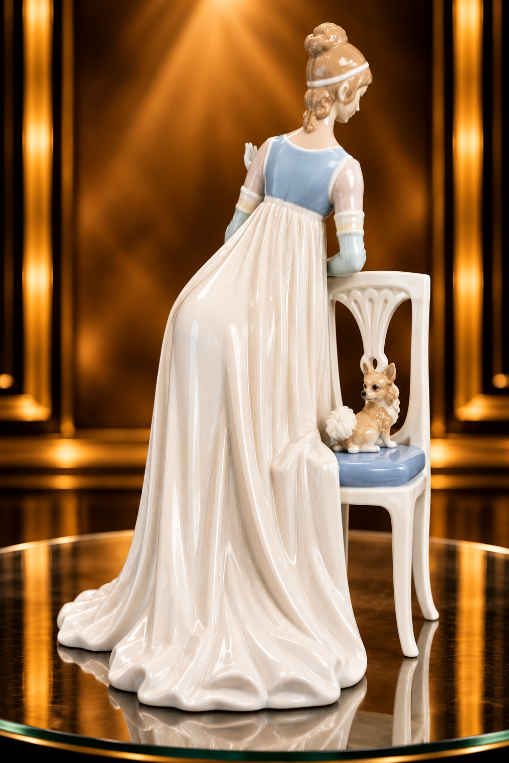 MINT! Large 18” Lladro Lady Empire Porcelain Figurine with tall chair and dog.