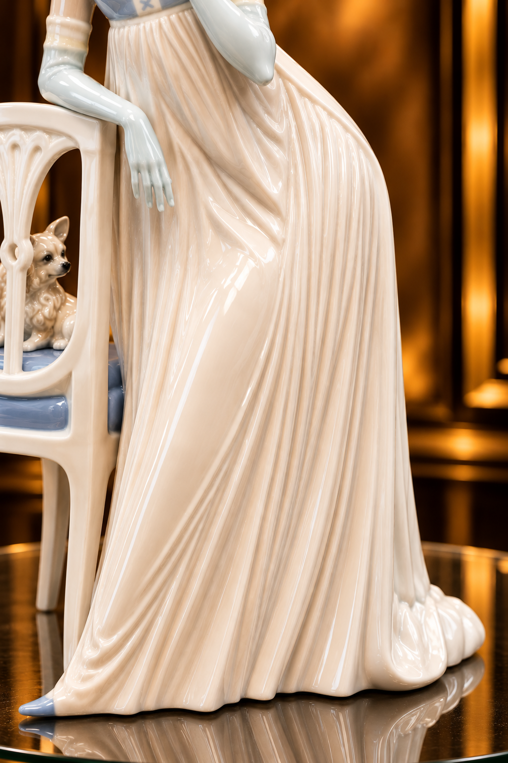 MINT! Large 18” Lladro Lady Empire Porcelain Figurine with tall chair and dog.