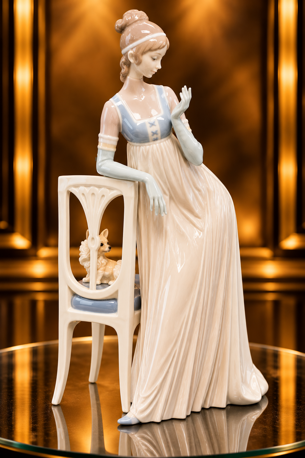 MINT! Large 18” Lladro Lady Empire Porcelain Figurine with tall chair and dog.